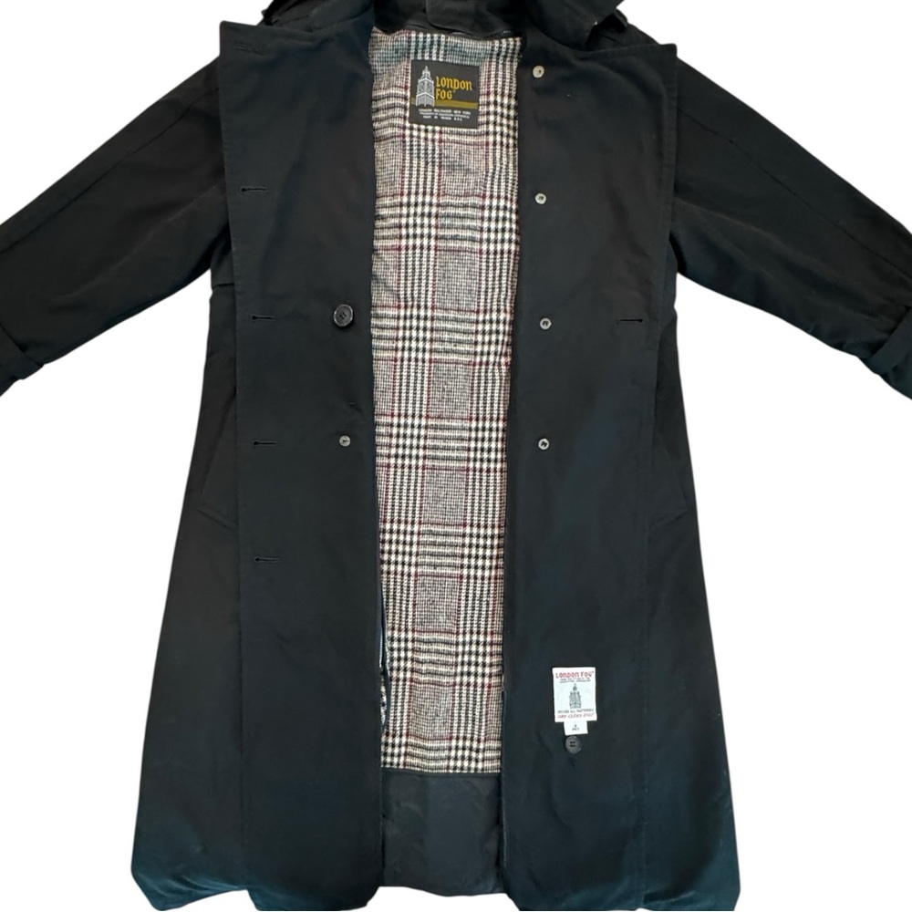 London Fog Black Trench Coat with Plaid Lining - Picture 3 of 7